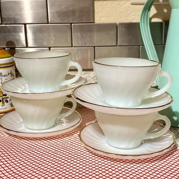 Two Vintage Anchor Hocking Milk Glass Cup and Saucer Sets - Picture 5 of 5